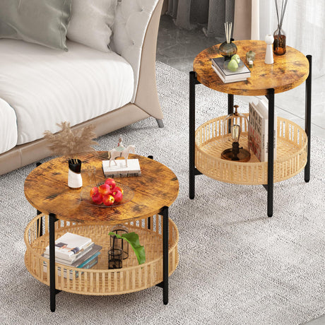 Lamerge 3 Pieces Coffee Table Set for Living Room, Boho Living Room Table Set with Rattan Storage Shelf and Metal Frame, Round Coffee Table & 2 End Side Tables for Apartment Home Office Lamerge