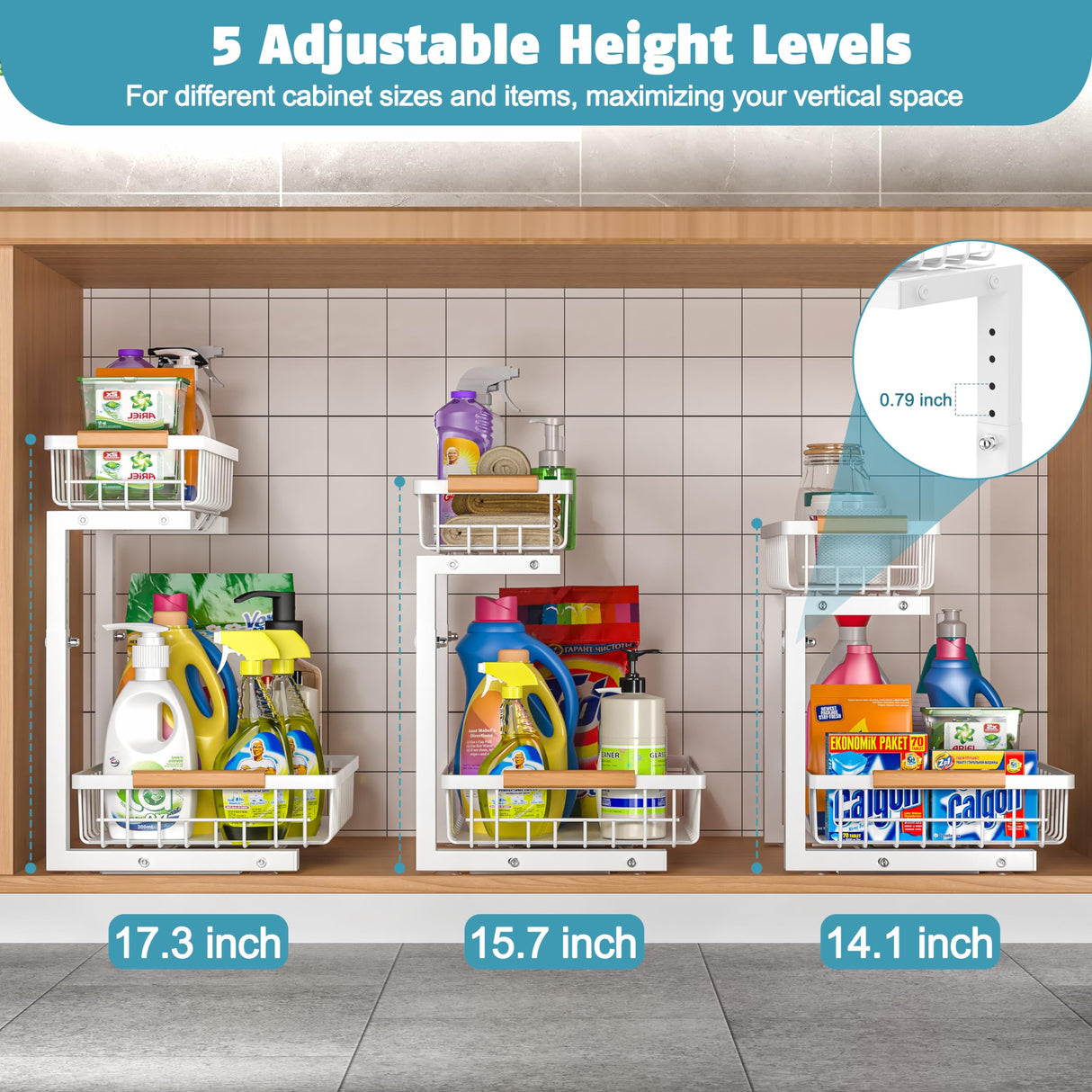 Liuoud Under Sink Organizer 2 pack, 2 Tier Slide Out Under Sink Organizers And Storage, Height Adjustable Pull Out Cabinet Organizer Drawers, Kitchen Bathroom Metal Sink Storage Shelves, White Liuoud