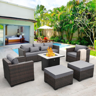 Valita 6 PCS Patio Furniture Set Outdoor Sectional Wicker Conversation Couch Brown Rattan Sofa Chairs with Ottoman 50,000BTU Adjustable Fire Pit Table and Grey Anti-Slip Cushions