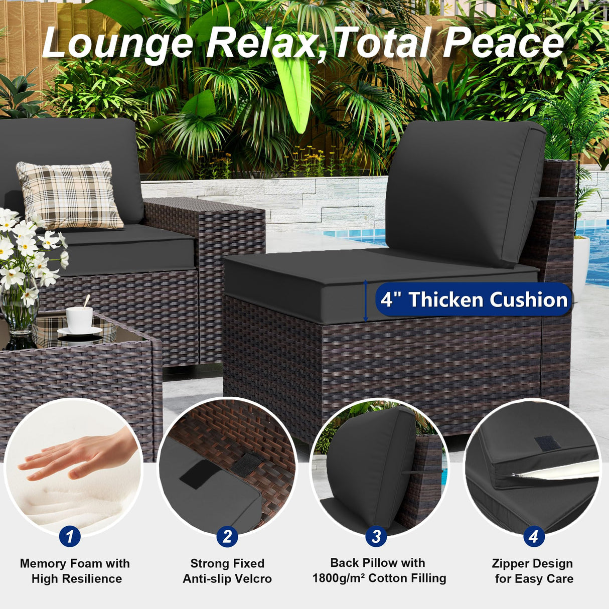 ASJMR Outdoor Patio Furniture Set, 6 Pieces Outdoor Sectional Furniture High Backrest Patio Sofa, All-Weather PE Rattan Patio Conversation Set with Coffee Table & Cushions-Black ASJMR