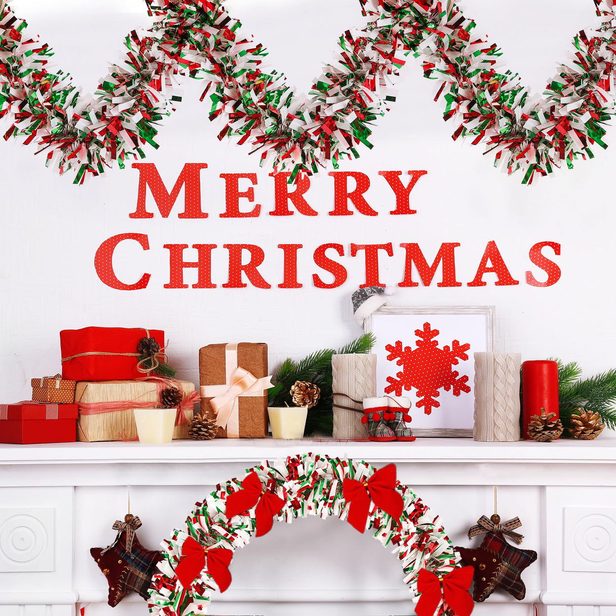 Sggvecsy 49.2Ft Christmas Green Red White Tinsel Garland Xmas Tree Decorations Christmas Metallic Twist Garland Ceiling Hanging Decorations for New Year Party Birthday Holiday Indoor Outdoor Supplies Sggvecsy