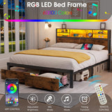Alohappy Full Size Bed Frame with Storage Headboard and Drawers, Metal Platform Bed Frame RGB Led Lights and with Charging Station, No Nosie No Box Spring Needed (Full) Alohappy