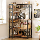 IRONCK Bakers Rack with Power Outlet, 5-Tier Corner Microwave Stand with Storage, Coffee Bar with 6 S-Shaped Hooks, Kitchen Shelves with Wire Basket IRONCK