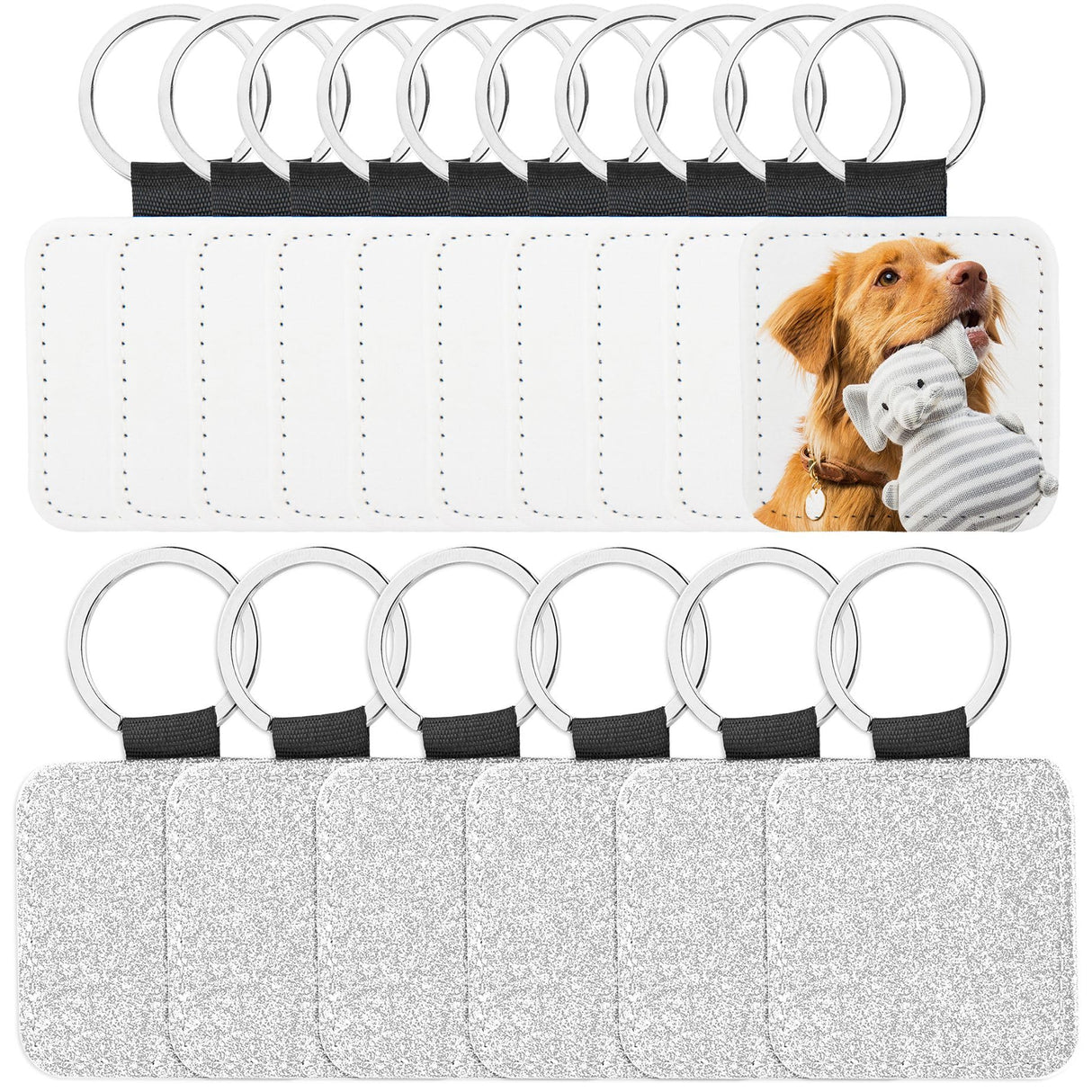 Framendino, 16 Pack Sublimation Blank Keychain Glitter PU Leather Square Rectangle Heat Transfer Key Fob Key Chain for DIY Craft Making Silver Framendino