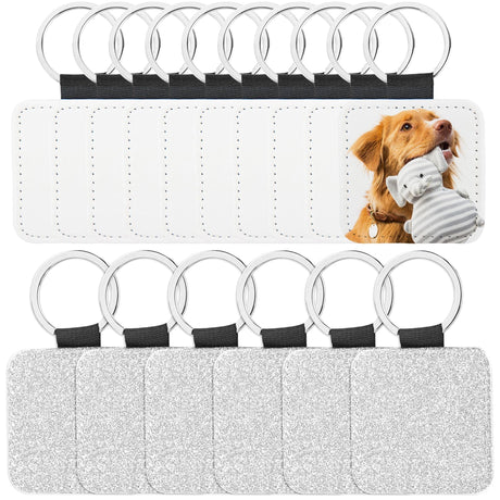 Framendino, 16 Pack Sublimation Blank Keychain Glitter PU Leather Square Rectangle Heat Transfer Key Fob Key Chain for DIY Craft Making Silver Framendino