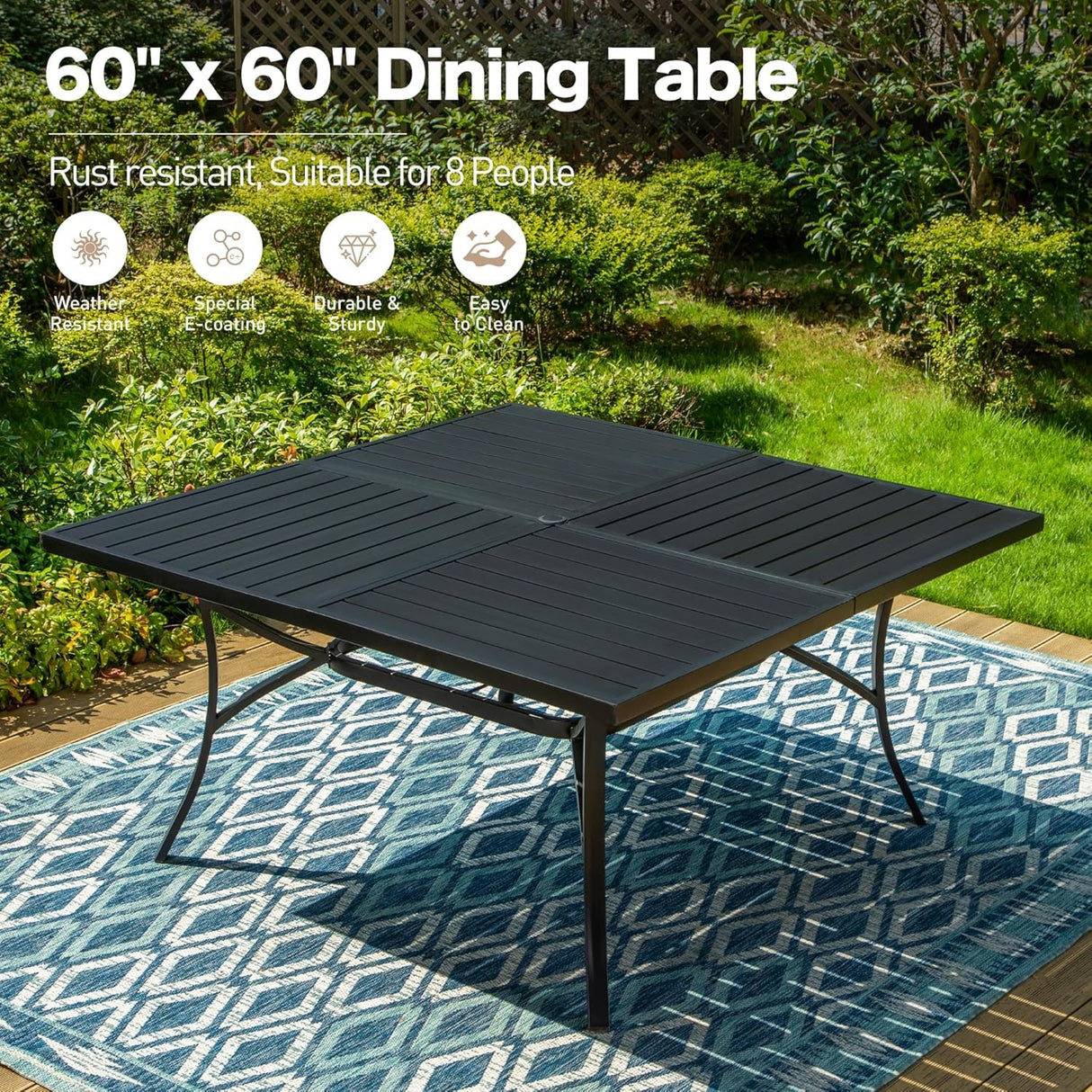 9 Pieces Patio Dining Set, 8 x Woven Rattan Chairs with Waterproof Cushion, 60" Square Metal Dining Table with Umbrella Hole, Outdoor Table and Chairs Set for Backyard Lawn and Deck, Beige SUNSHINE VALLEY