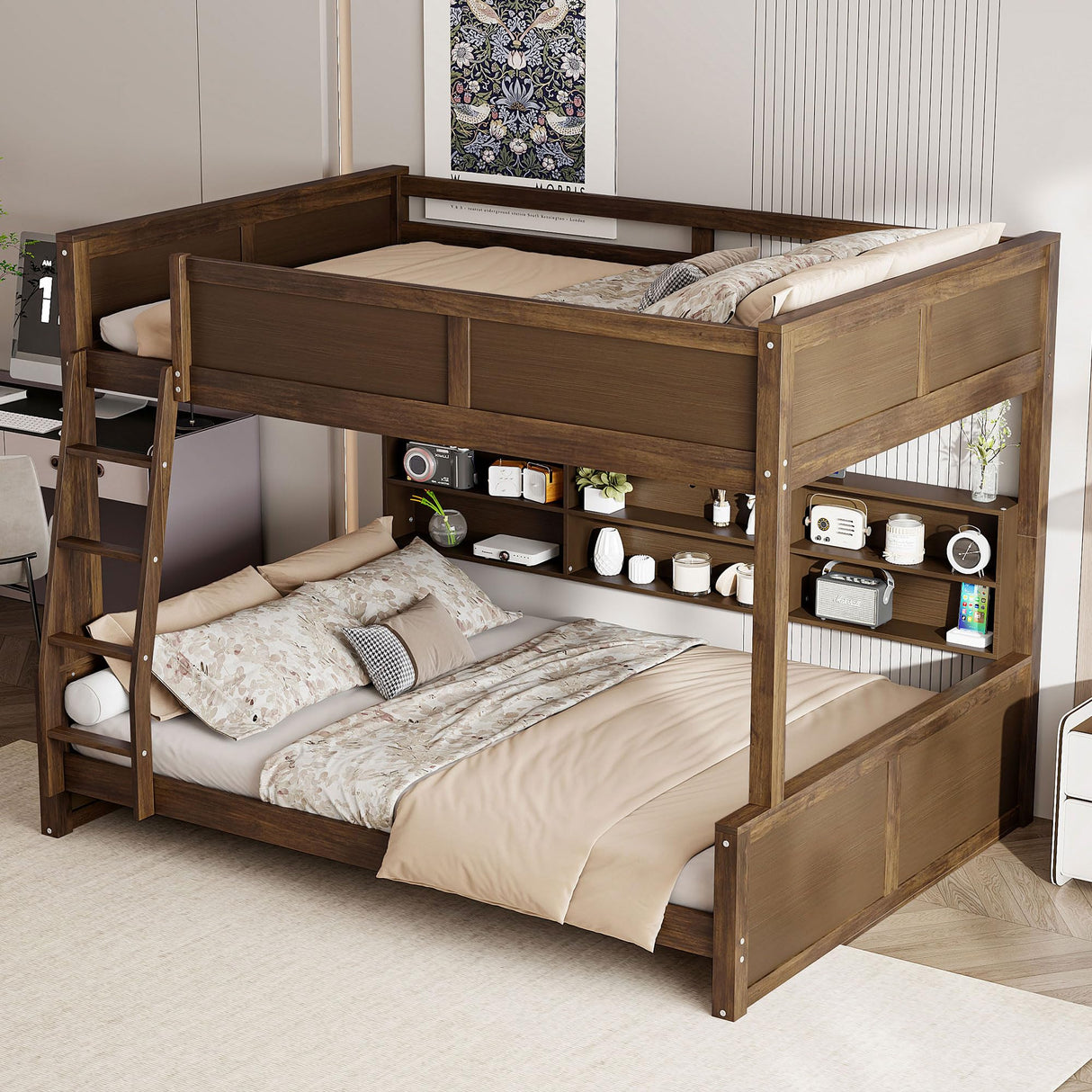 XD Designs Wood Bunk Bed Full XL Over Queen Size with Built-in Storage Cabinets and USB Ports, Versatile Bunk Bed Frame with Ladder and Guardrail for Kids Teens Adult, Maximize Space (Wood-F-Q) XD Designs