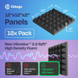Ekkogo 18-Pack Sound Proof Foam Panels for Walls 12X12X2" Acoustic Panels Pyramid Style Sound Panels for Studio and Home Noise Reduction with Vibredux HD Ekkogo