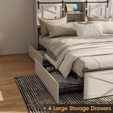 Fameill Farmhouse Full Bed Frame with LED Lights, Charging Station, and 4 Storage Drawers in Antique White Fameill