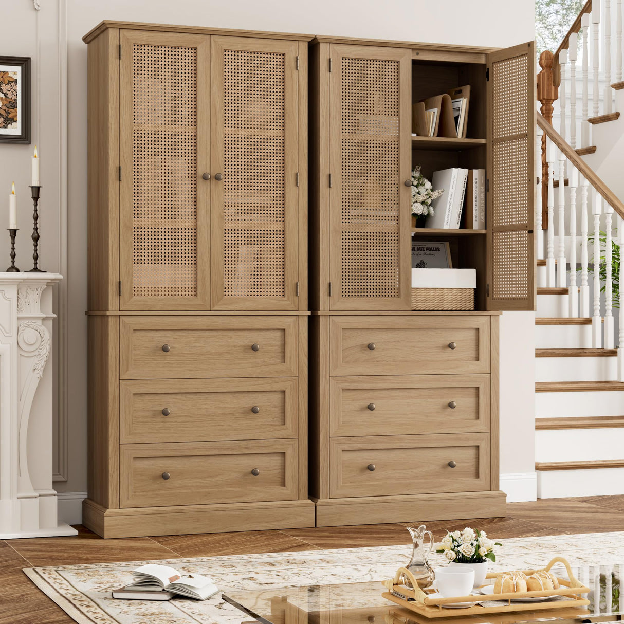 FACBOTALL 73" Tall Kitchen Pantry, Rattan Doors Pantry Cabinet with 3 Drawers and Adjustable Shelf, Large Wood Storage Cabinet, Rustic Wood Cupboard for Kitchen, Dining Room, Bathroom, Walnut FACBOTALL