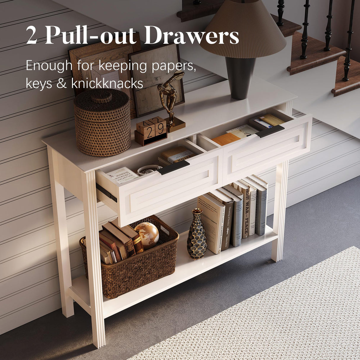 VEELOK Fluted White Console Table with Drawers, Modern Entryway Table with Storage, Sofa Table Behind Couch, Entry Table for Living Room, Hallway, Foyer VEELOK