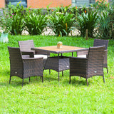 Tangkula 5 Pieces Wicker Patio Dining Set, Outdoor Acacia Wood Dining Furniture with 4 Armrest Chairs & 1 Dining Table, Rattan Conversation Set with Cushions & Umbrella Hole for Backyard Garden Porch Tangkula