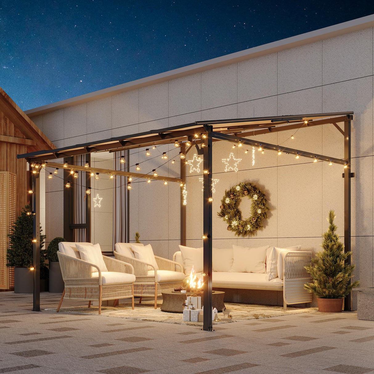 10' x 10' Outdoor Lean to Gazebo, Wall-Mounted Lean to Metal Awnings Gazebos, Hard Top Lean to Pergola, Large Wall-Mounted Heavy Duty Awnings for Patio, Deck, Porch, Lawn and Backyard Hipicute