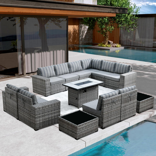 XIZZI Wicker Outdoor Furniture Set,Patio Sectional Sofa Set with Wide Armrest and Deep Seat,Rattan Modular Conversation Set for Backyard Deck Garden (Grey Stripe, 13 Pieces Set) - WoodArtSupply