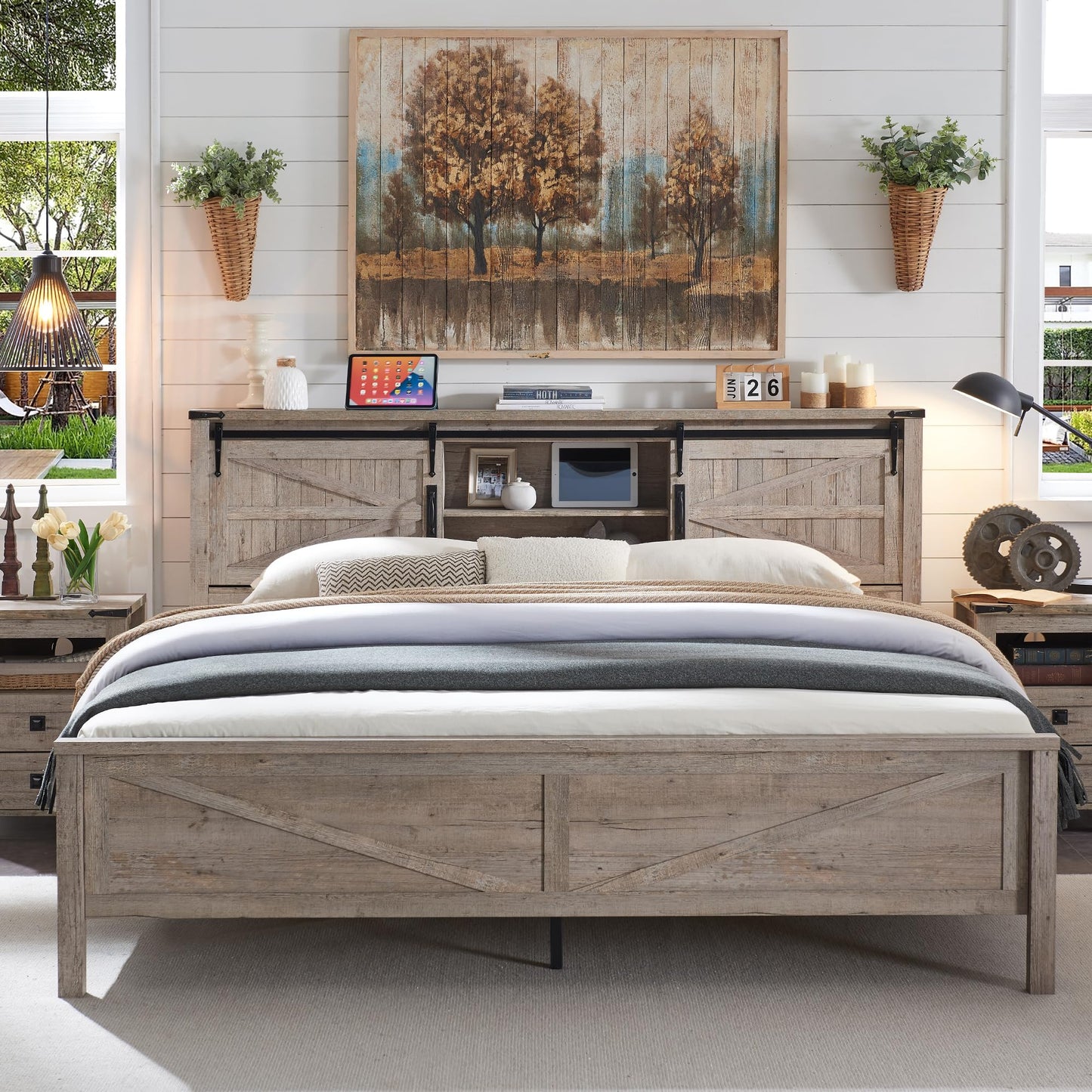 Rustic Oak King Size Bed Frame with Bookcase Headboard and Hidden Storage - WoodArtSupply