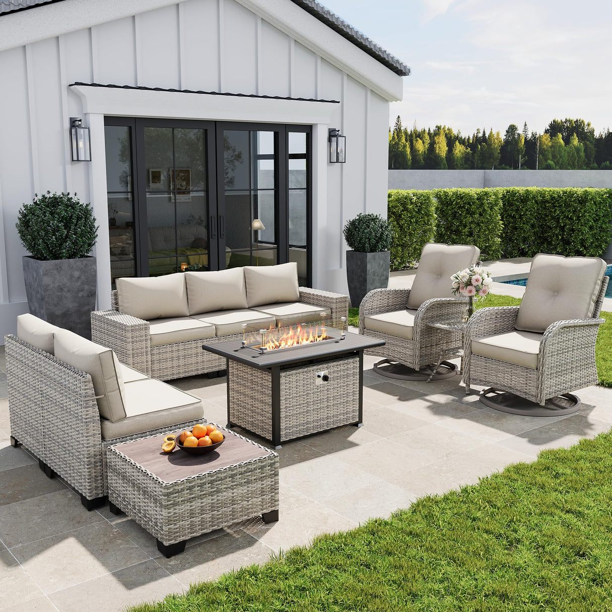 Muphyers 10-Piece Outdoor Patio Furniture Set with Rocking Swivel Chair, PE Wicker Rattan Sectional Sofa Patio Conversation Set with 55,000 BTU Fire Pit Table & Coffee Table, White Muphyers
