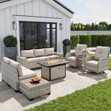 Muphyers 10-Piece Outdoor Patio Furniture Set with Rocking Swivel Chair, PE Wicker Rattan Sectional Sofa Patio Conversation Set with 55,000 BTU Fire Pit Table & Coffee Table, White Muphyers