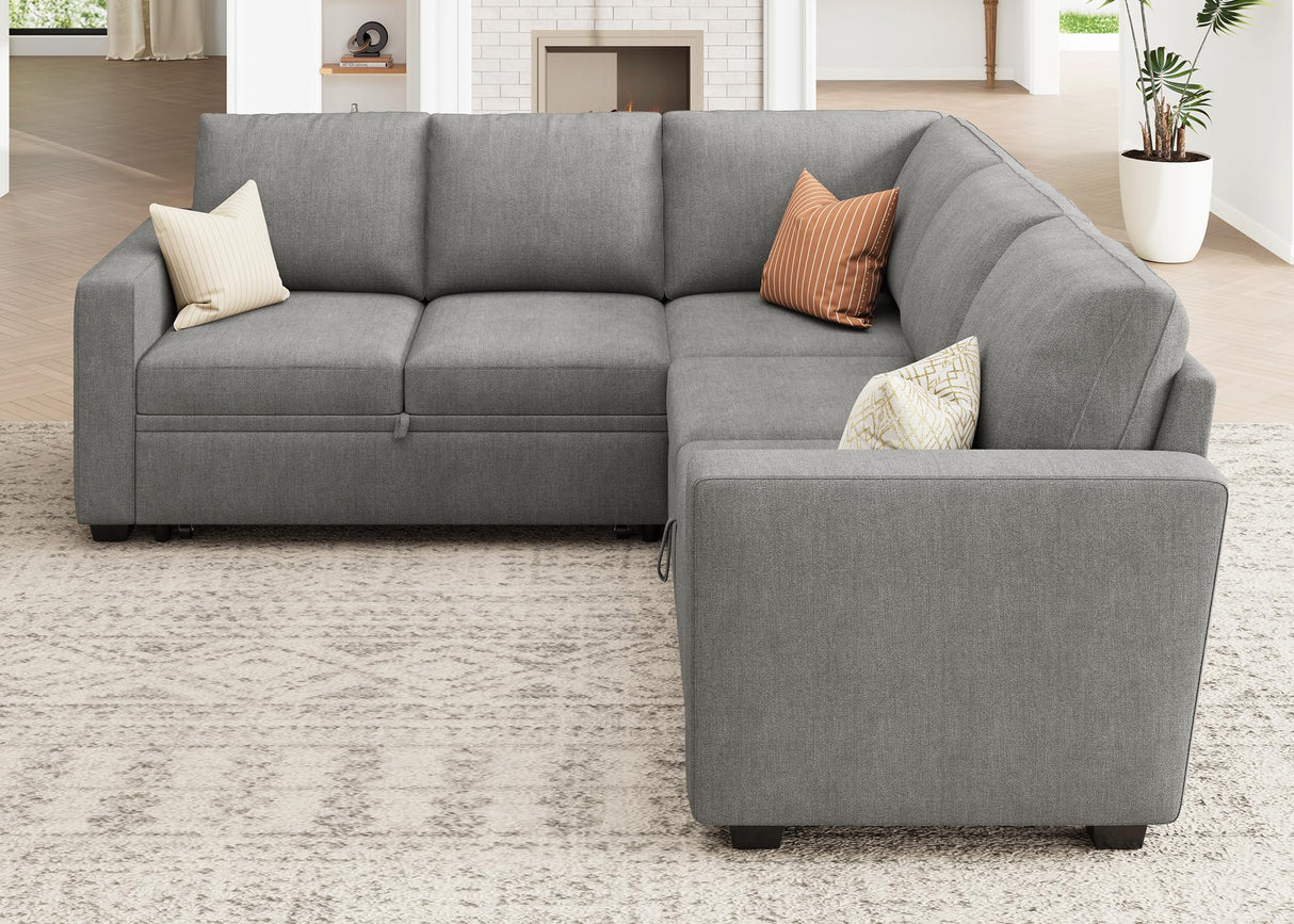 HONBAY Modular Sectional Sleeper Sofa with Pull Out Bed, Chenille L Shaped Couch with Storage Seats, Convertible Sectional Couches for Living Room, Warm Grey HONBAY