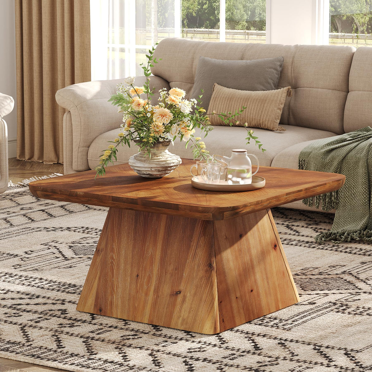 LITTLE TREE Vintage Solid Wood Coffee Table, 31.5" Square Coffee Table for Living Room, Classic Living Room Center Tables, Brown Modern Design Home Furniture LITTLE TREE
