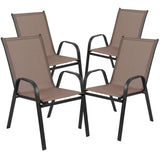 EMMA + OLIVER Seven Piece Indoor/Outdoor Dining Set - Metal Table with Tempered Glass Top - Six Brown Flex Comfort Chairs- Umbrella Hole - All Weather EMMA + OLIVER