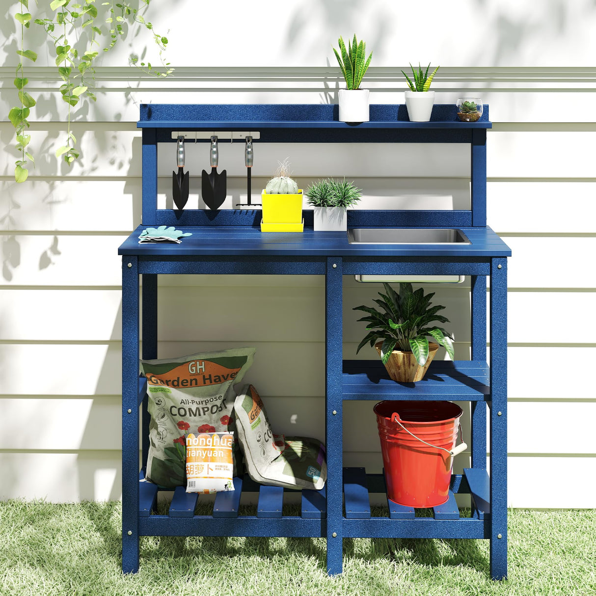 FOOWIN Potting Bench, HDPE Outdoor Potting Table with Sink, All-Weather Potting Benches for Outside, Gardening Table with Storage Shelf, Hook, for Garden, Patio, Lawns, Navy Blue FOOWIN