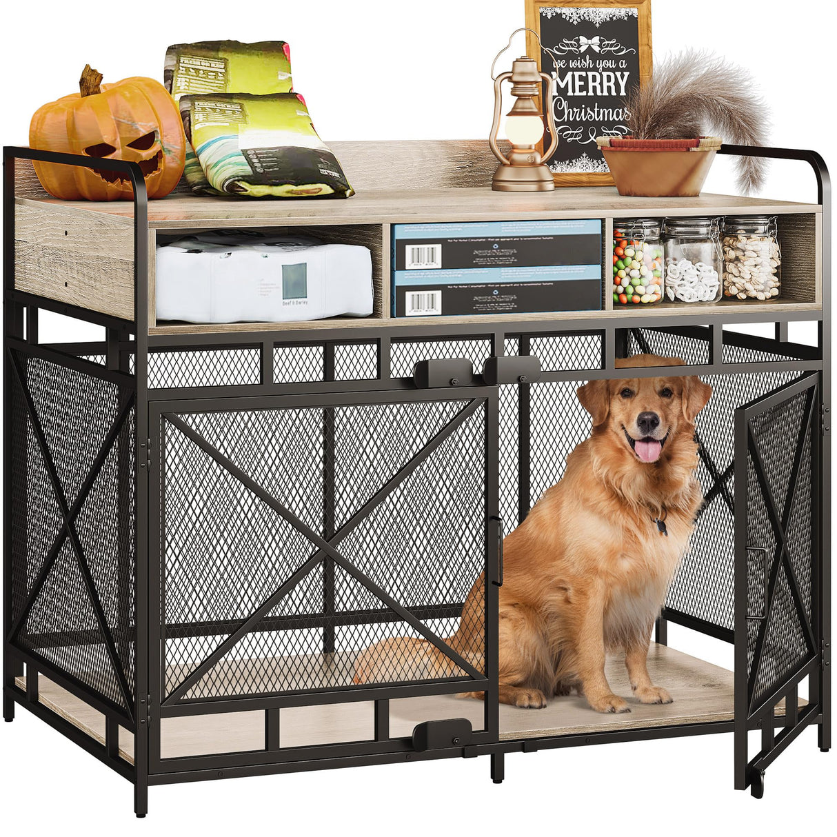 Fulhope Dog Crate Furniture,Wooden Dog Crate End Table,43 Inch Dog Kennel with Drawers,Heavy Duty Dog Crate,Decorative Pet Crate Dog Cage for Indoor 43.3" L x 27.6" W x 35.7" H (Grey) Fulhope
