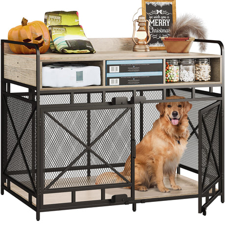 Fulhope Dog Crate Furniture,Wooden Dog Crate End Table,43 Inch Dog Kennel with Drawers,Heavy Duty Dog Crate,Decorative Pet Crate Dog Cage for Indoor 43.3" L x 27.6" W x 35.7" H (Grey) Fulhope