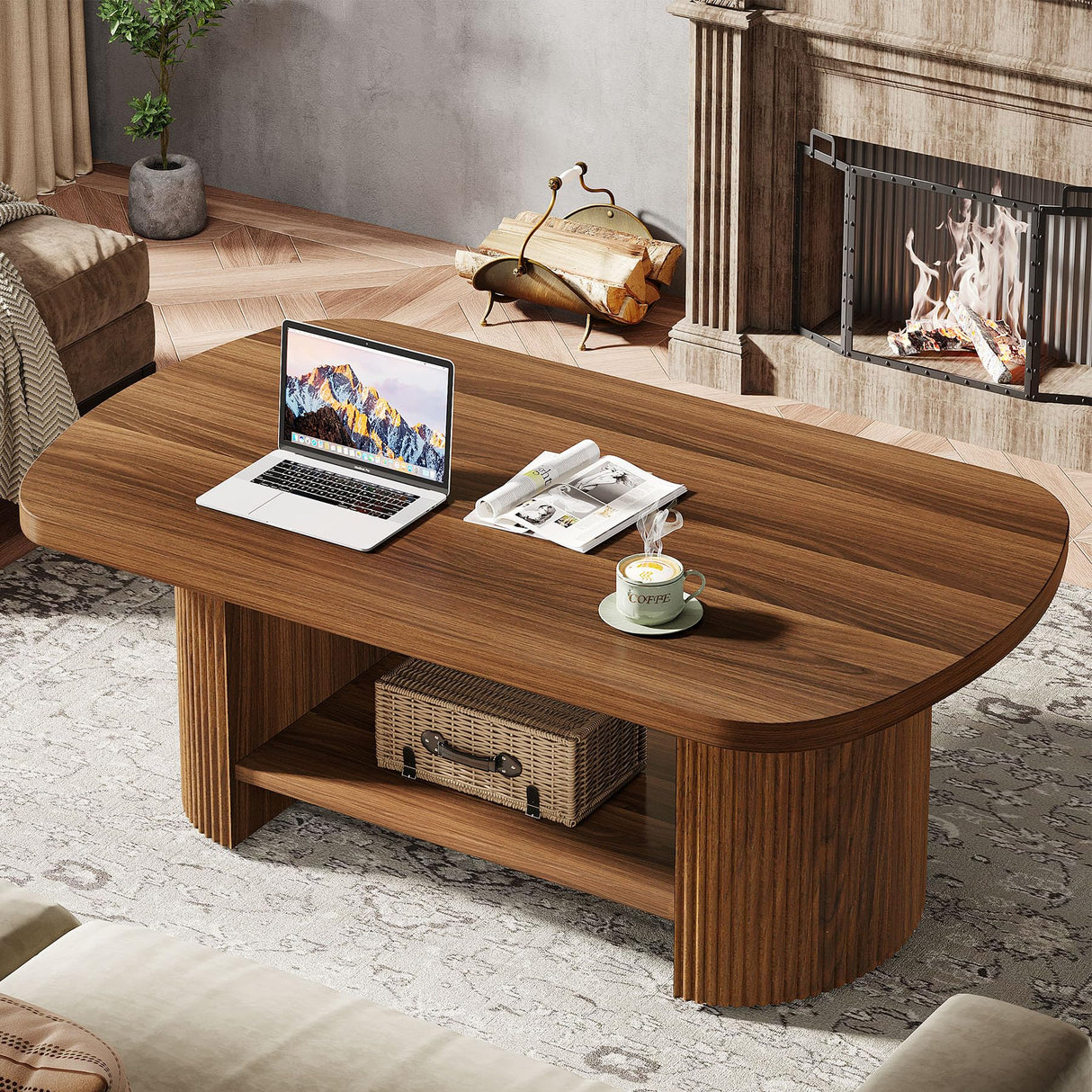 Tribesigns Oval Coffee Table, Mid-Century 2-Tier Coffee Table with Storage Shelf, Modern 45.27" Accent Center Table with Wooden Dual Base for Living Room Bedroom Apartment, Rustic Brown Tribesigns