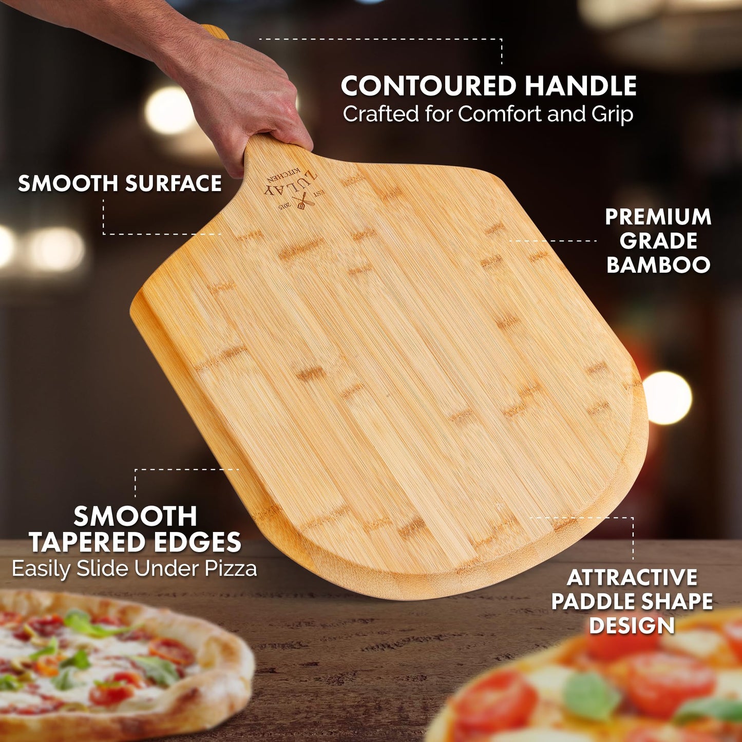 Zulay Kitchen Wooden Pizza Peel - Large 15" Pizza Paddle With Extra Long Handles - Authentic Natural Bamboo Easy Glide Edges & Handle For Baking - Large Wood Pizza Peel For Transferring & Ser - WoodArtSupply