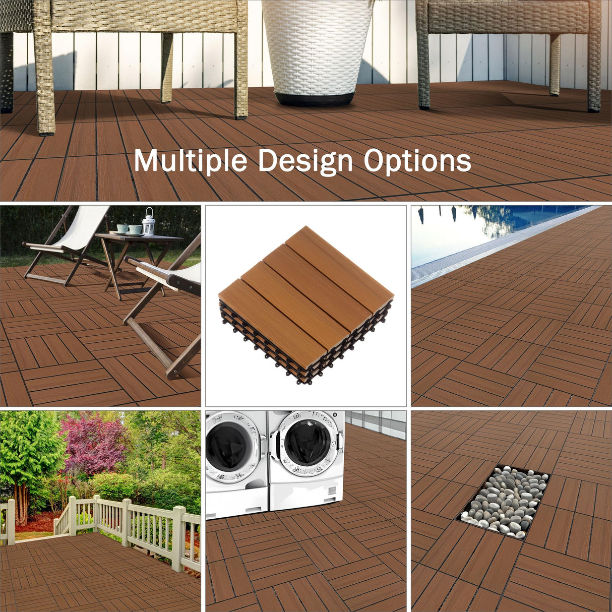 Interlocking Deck Tiles - 6-Pack 11.6-in Wood Plastic Composite All-Weather Outdoor Flooring Balcony Poolside or Patio by Pure Garden (Brown) Pure Garden