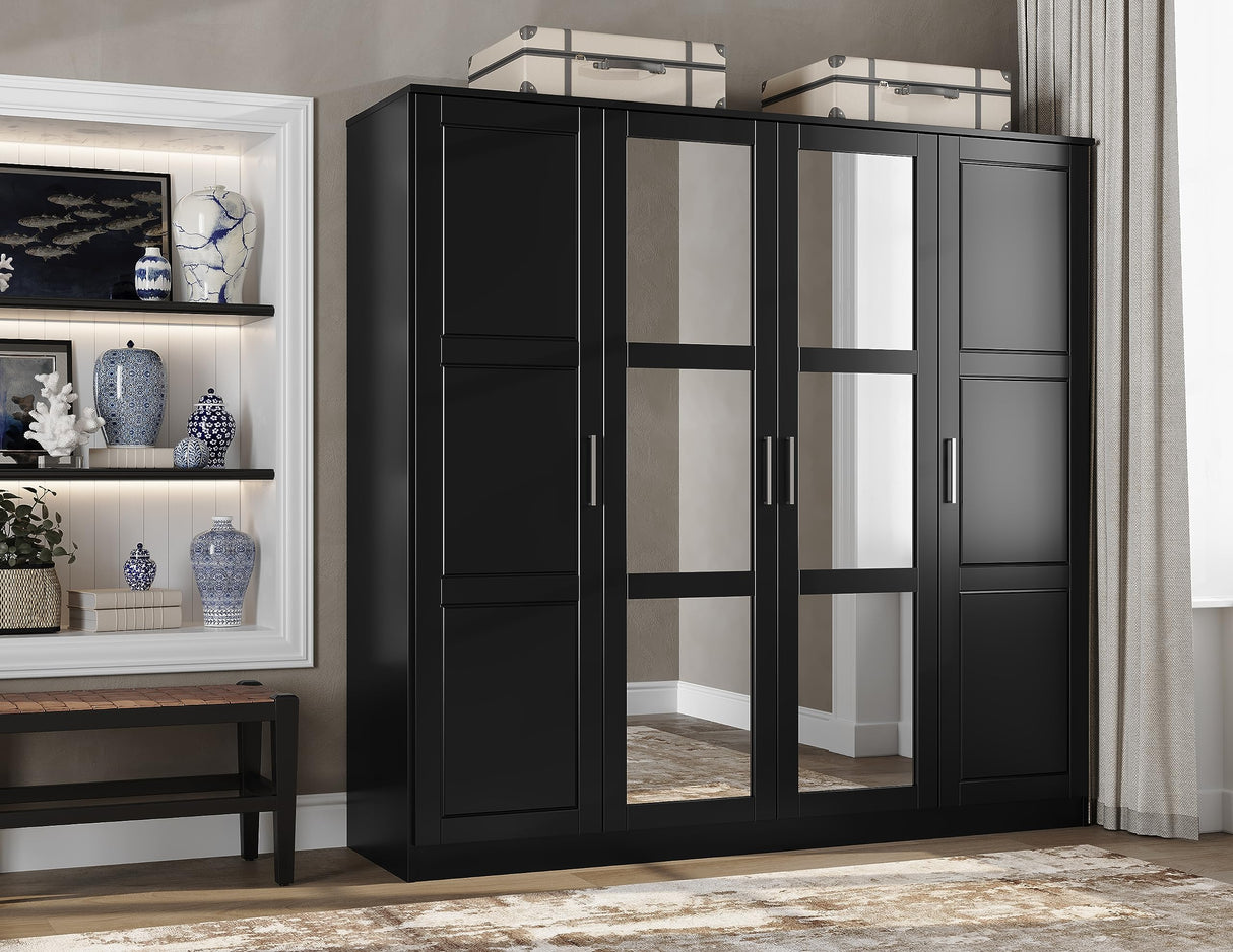 Palace Imports 100% Solid Wood Cosmo 4-Door Wardrobe with Mirrored Doors, Clothing Rods, No Shelves, Black, 74.5" W x 72" H x 20.75" D, Renewable Eco-Friendly Wood, Made in Brazil Palace Imports