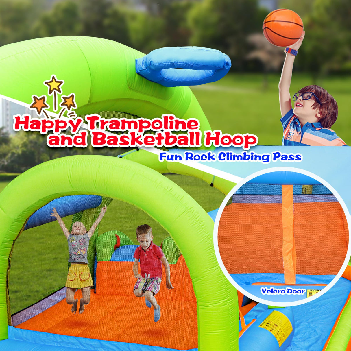 WELLFUNTIME Inflatable Water Park with Blower, and Bouncy House with Double Slide with Water Cannon and Basketball Ring WELLFUNTIME