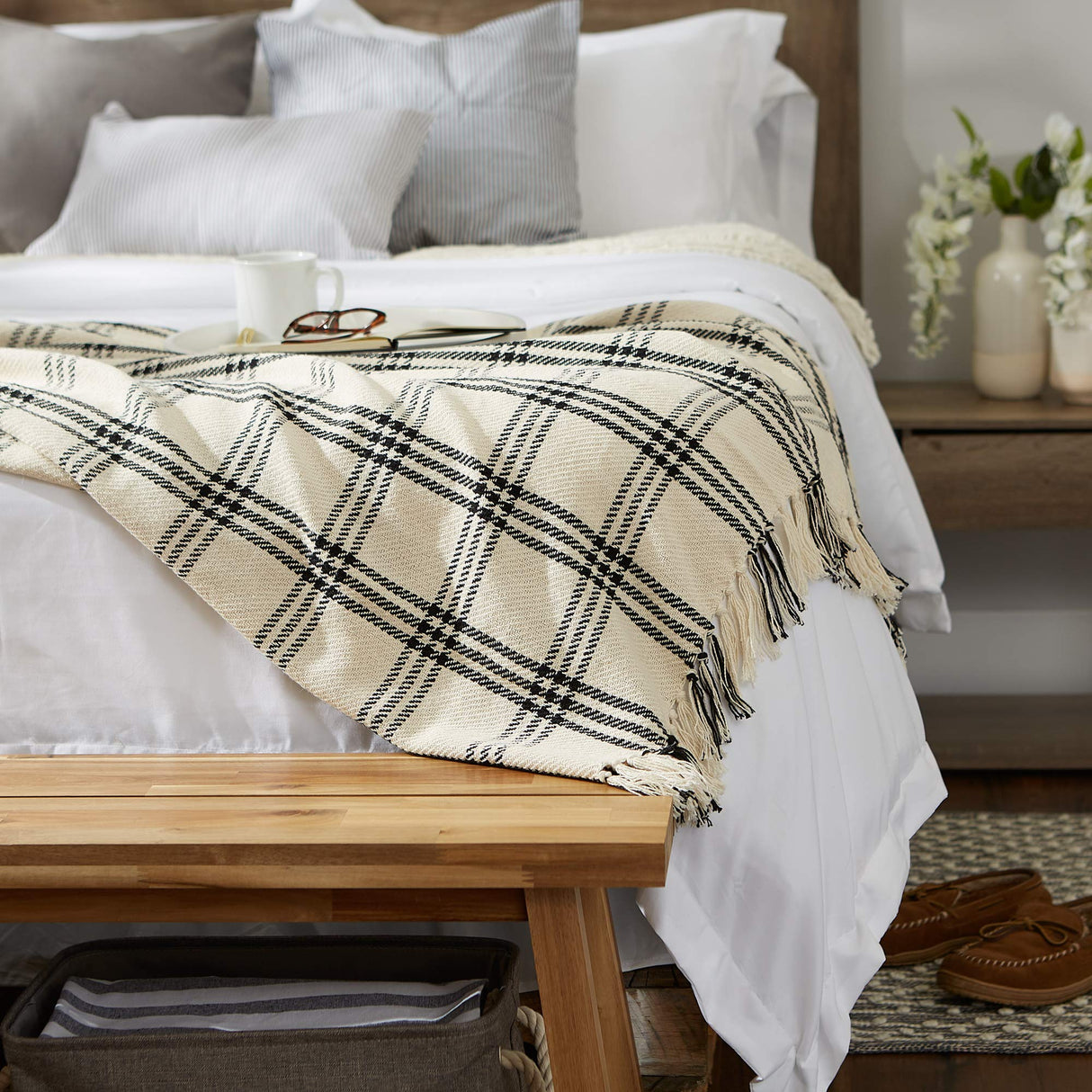 DII Modern Farmhouse Plaid Collection Cotton Fringe Throw Blanket, 50x60, White/Black DII