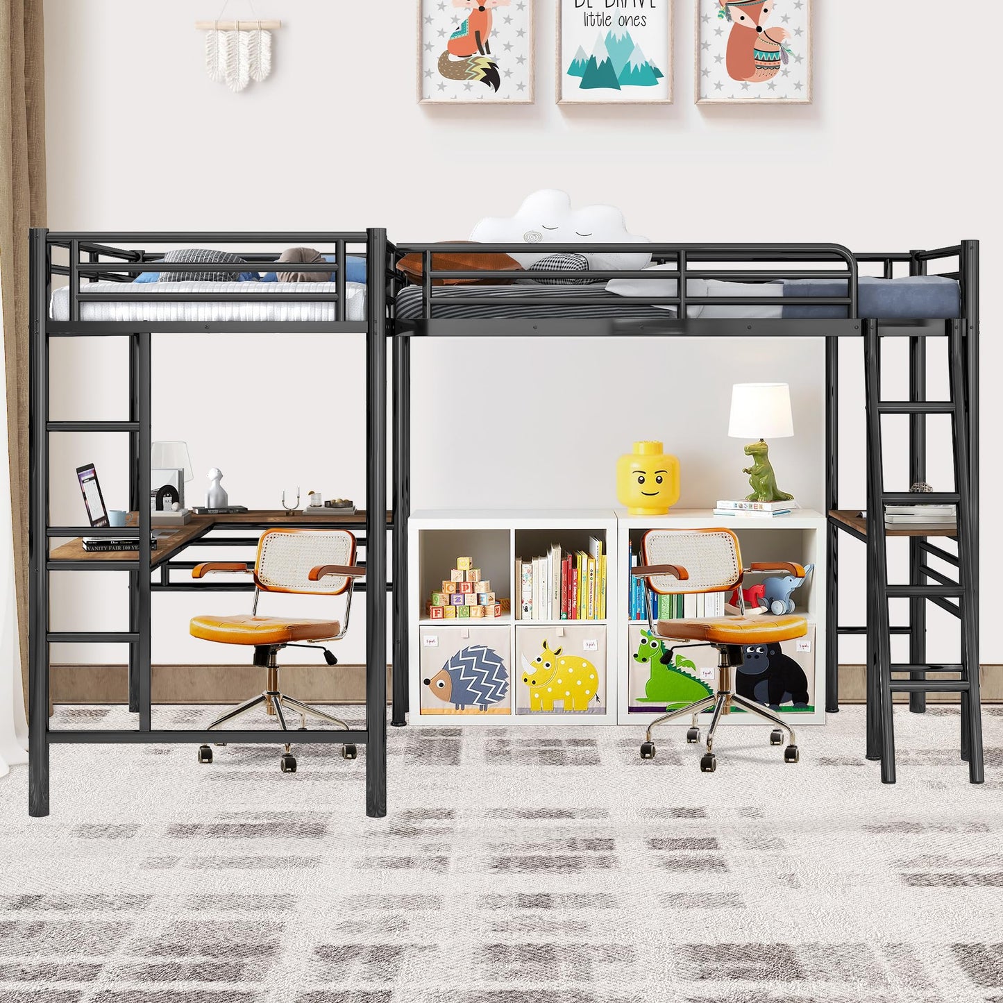 INCLAKE L-Shaped Twin Loft Bed with Dual Desks, Heavy-Duty Metal Frame, Safety Guard Rails, Black - WoodArtSupply