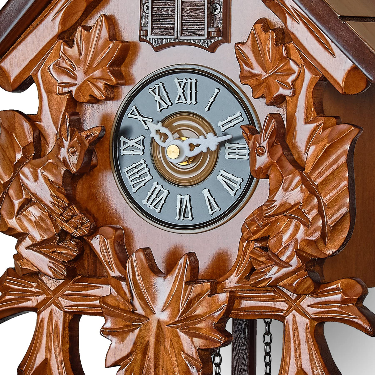 TIMEGEAR Cuckoo Wall Clock with Night Mode in Traditional German Style with Carved Squirrels (Cherry) TIMEGEAR