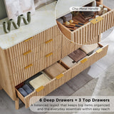 T4TREAM Fluted 9 Drawer Dresser, Modern Chest of Drawers with Faux Marble Top, Curved Profile Design, Dresser TV Stand, Wood Drawer Organizer for Bedroom, Living Room, Hallway, Natural Oak T4TREAM