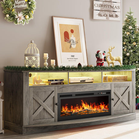 YITAHOME Farmhouse TV Stand with Fireplace for 75/80 Inch TVs, Entertainment Center with LED Lights for Living Room, 36” Electric Fireplace, Media Console with Barn Door Cabinet, Grey Oak YITAHOME