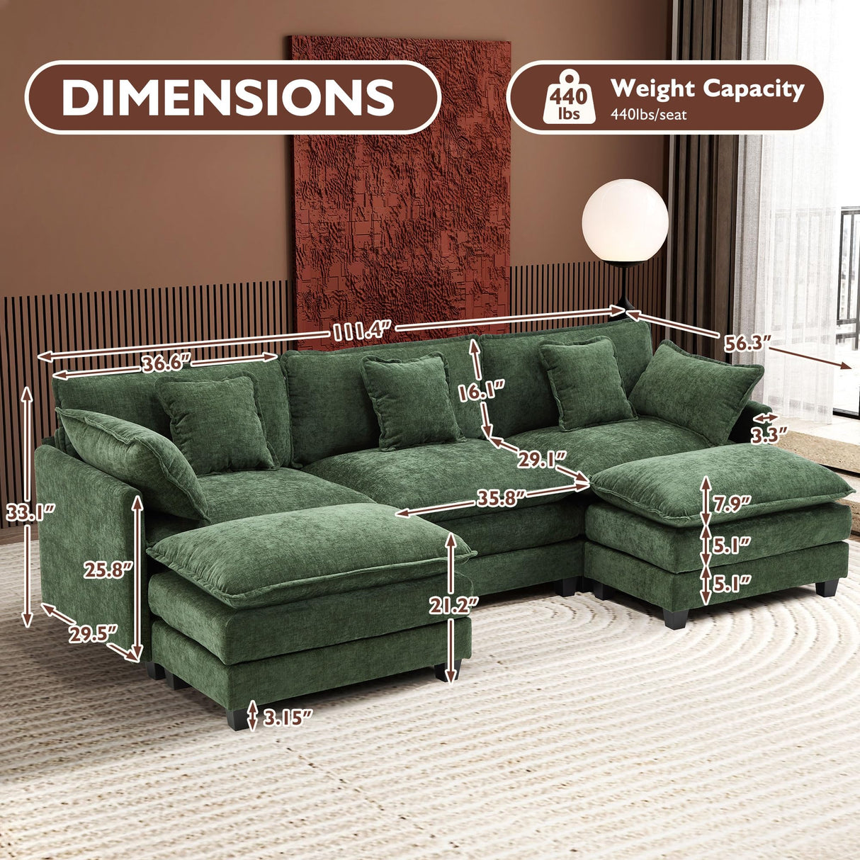 Ihanherry 111.4" U Shaped Modern Sofa Modular Sectional Cloud Couch with 2 Ottoman, 5-Seat Chenille Deep Seat Sofa with Pillow for Living Room, Bedroom and Apartment, Green Ihanherry