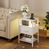 TRIFEBLE Night Stand Set 2, End Table with Charging Station, LED Bedside Table with Fabric Drawer for Bedroom, 3-Tier Side Table with Open Shelf, White TRIFEBLE