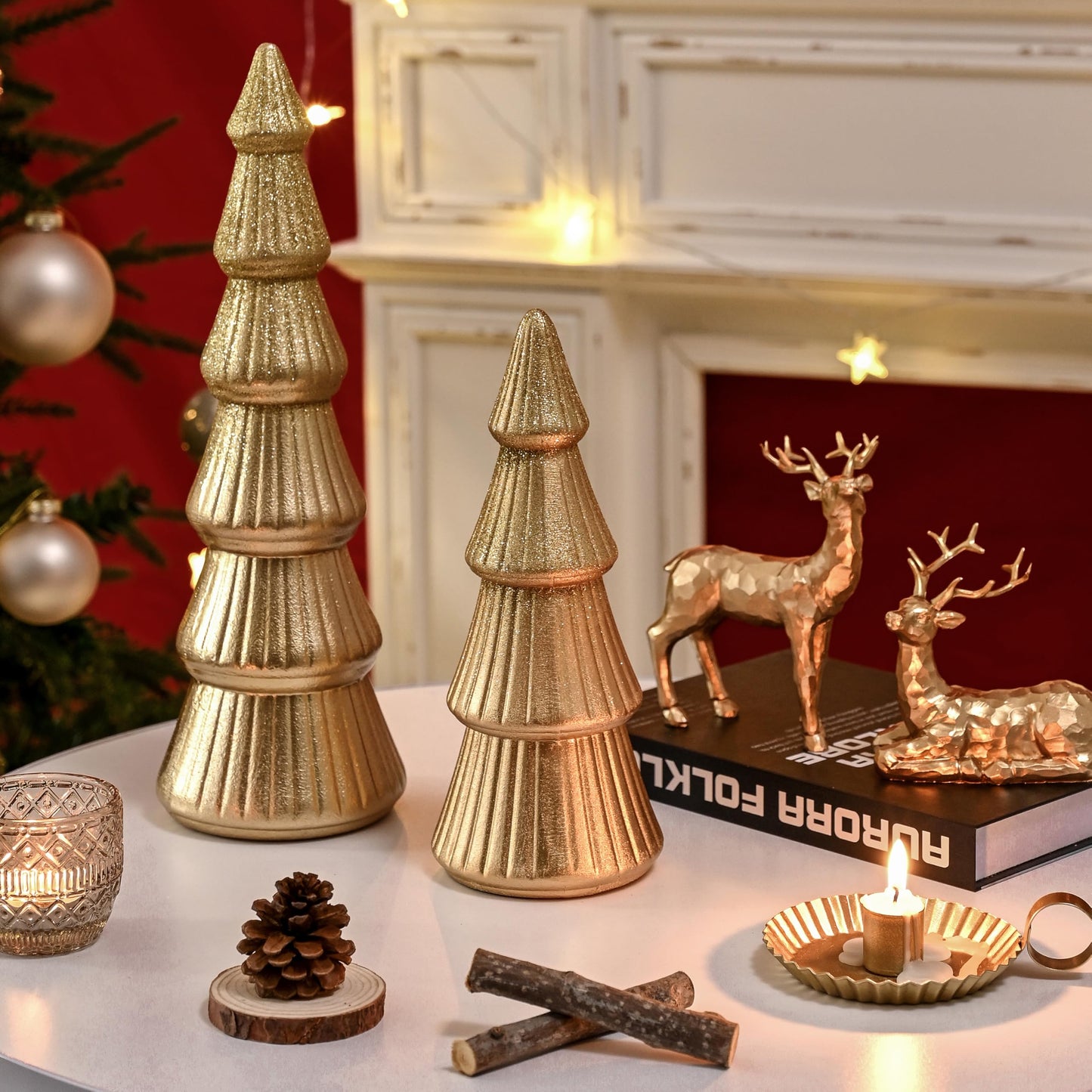 AOMOONOA Wooden Christmas Tree Figurine, 2Pcs Gold Tree Figurines, Decorative Trees for Tabletop, Small Glittered Golden Xmas Tree Figurines for Christmas Mantle Indoor Decor