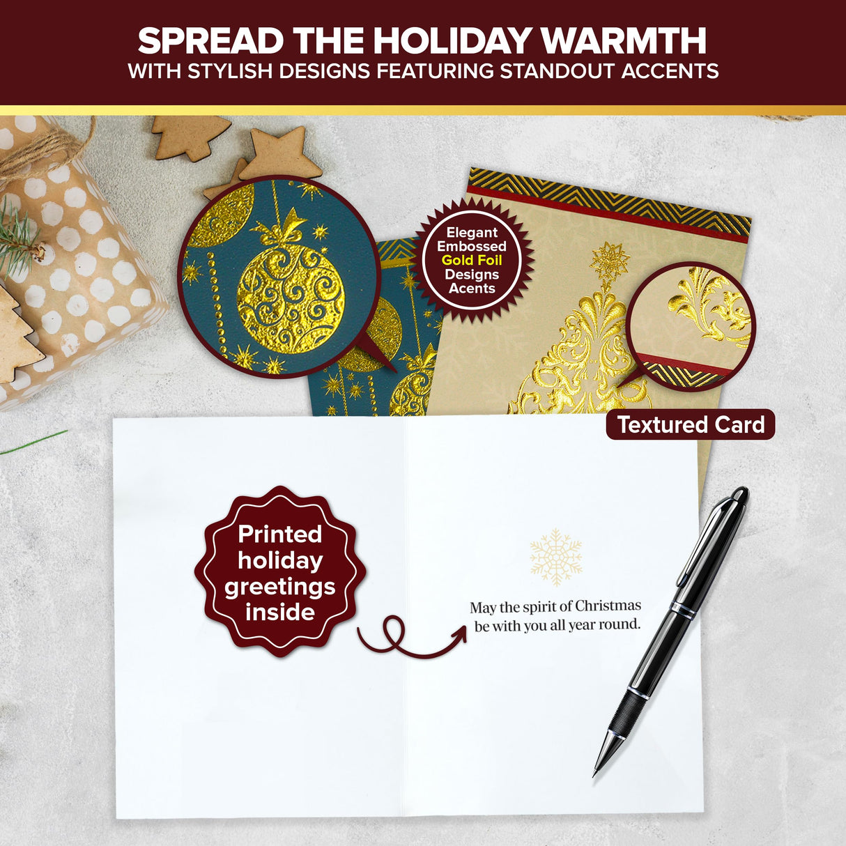 Decorably 16 Pack Gold Foil Embossed 5x7in Merry Christmas Cards with Envelopes and Stickers, 8 Elegant Designs Assorted Christmas Cards Boxed with Envelopes, with Printed Message Inside Decorably