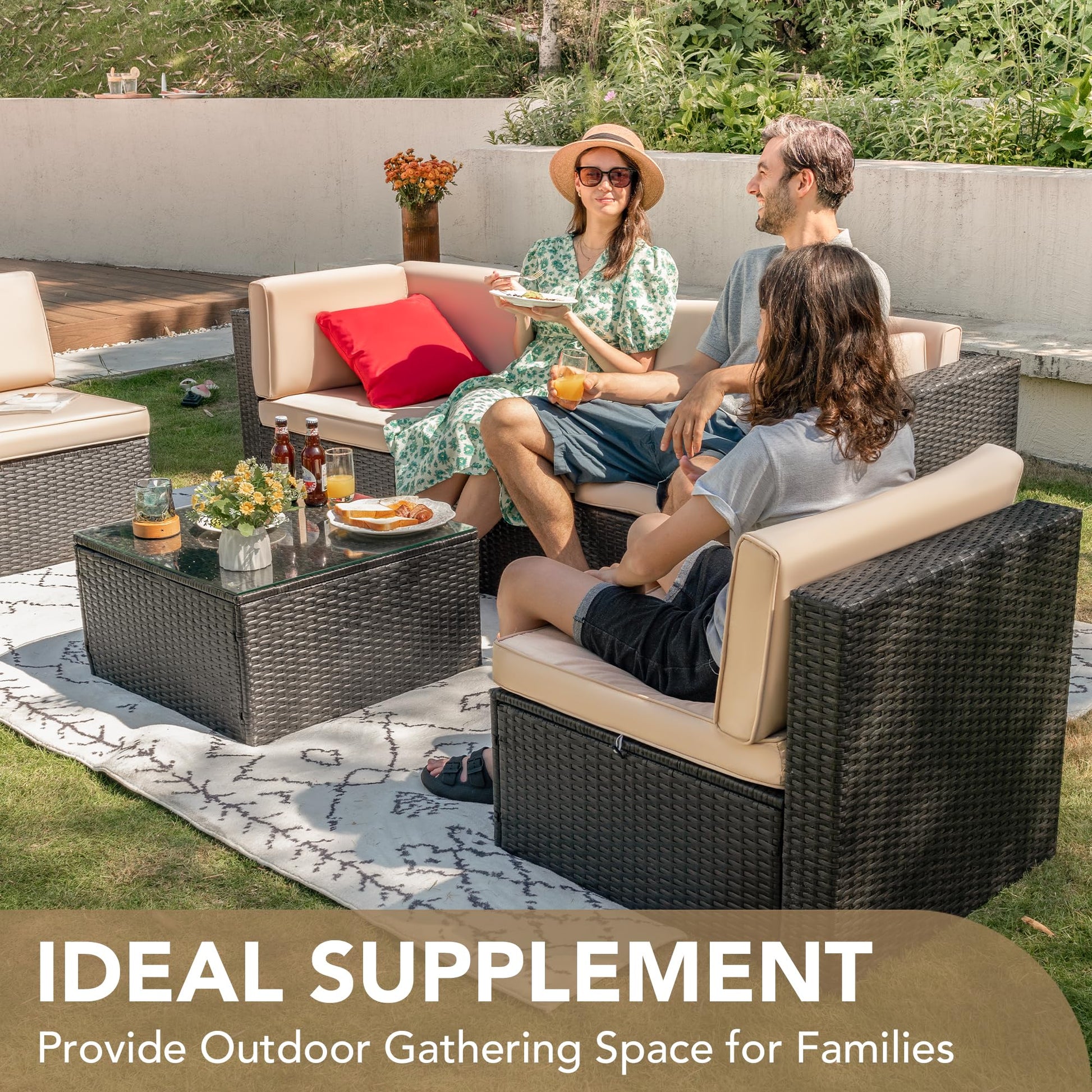 Devoko Patio Furniture Sets 6 Pieces Outdoor Sectional Rattan Sofa Manual Weaving Wicker Patio Conversation Set with Glass Table and Cushion (Beige) - WoodArtSupply