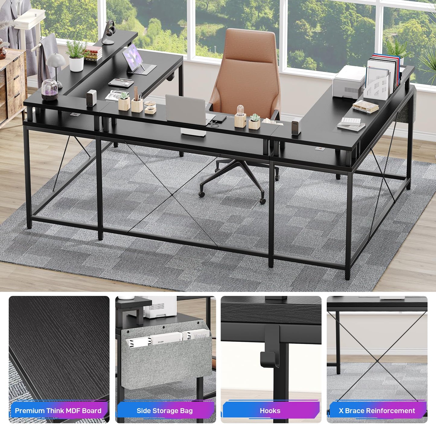 Jojoka U Shaped Desk, 79 Inch Large Corner Office Desk with Monitor Stands, Reversible L Shaped Computer Gaming Desk with Power Outlets & LED Lights,U Shaped Gaming Desk (Black)