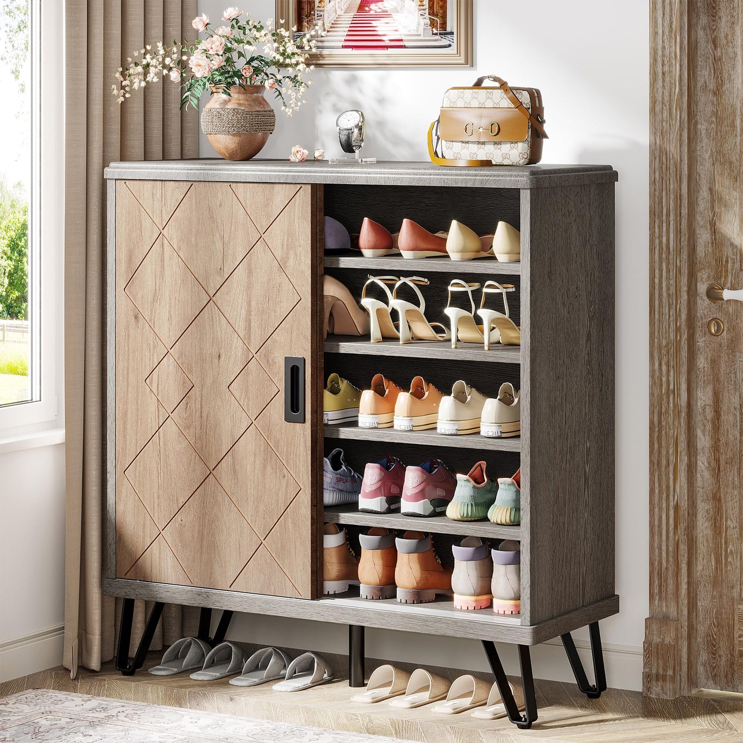 Tribesigns Shoe Cabinet with Sliding Doors, 5-Tier Wood Shoe Organizer Cabinet with Adjustable Shelves, Modern Shoe Rack Shoe Storage Cabinet for Entryway, Hallway, Living Room, Grey+Brown - WoodArtSupply