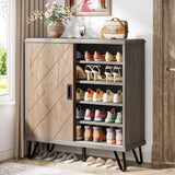 Tribesigns Shoe Cabinet with Sliding Doors, 5-Tier Wood Shoe Organizer Cabinet with Adjustable Shelves, Modern Shoe Rack Shoe Storage Cabinet for Entryway, Hallway, Living Room, Grey+Brown Tribesigns