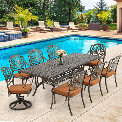 [Hi-End]9-Piece Outdoor Dining Set All Aluminum Patio Table and Chairs Set with 2 Swivel Chair & 6 Patio Chair Outdoor Dining Table Set for 8 Include 86.6’’ Rectangular Patio Table with Umbrella Hole