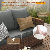 UDPATIO Outdoor Patio Furniture Set with 44" Fire Pit Table, 6 Pieces Sectional Conversation Sets, All-Weather Wicker Rattan Sofa Ottoman with 4" Thick Cushion for Garden Backyard Deck, Dark Grey UDPATIO