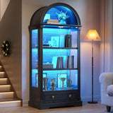 Display Cabinet with Glass Doors, 72" Tall Arched Curio Cabinet with Human Sensor Lights, 4-Tier Glass Display Case for Collectibles Bookcase Living Room Office, Black TAGELIER