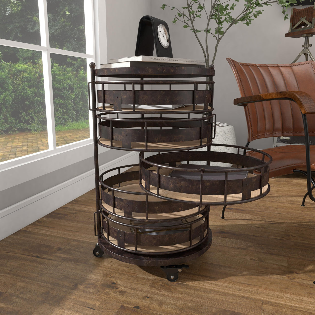 Deco 79 Metal Kitchen Storage Cart Rolling Circular 6 Shelf with Adjustable Shelves, 17" x 17" x 28", Brown Deco 79
