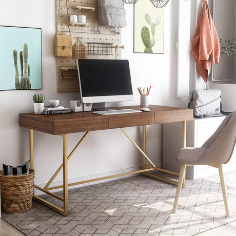 Homes: Inside + Out Lizon Modern 60 Inch Wood Desk With Drawers, Office Table With Storage, Vanity Without Mirror For Bedroom, Study Room, Dorm, Light Walnut Brown & Gold HOMES: INSIDE + OUT
